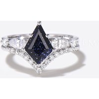 Kite Starry Sky Blue Sandstone Ring 5 Stone Moissanite Bridal Ring Set