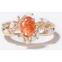 1.5ct Oval Sunstone Engagement Ring Gold Leaf Vine Opal Wedding Ring — Engagement Rings