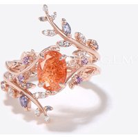 Leaf Oval Sunstone Engagament Ring Rose Gold Enhancer Guard Ring Set — Stackable Rings
