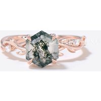 Twig Vine Natural Moss Agate Ring Hexagon Cut Green Moss Ring