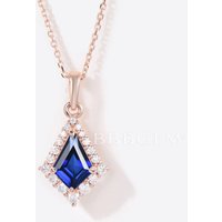 Rose Gold Kite Cut Blue Sapphire Necklace Halo Moissanite Pendant