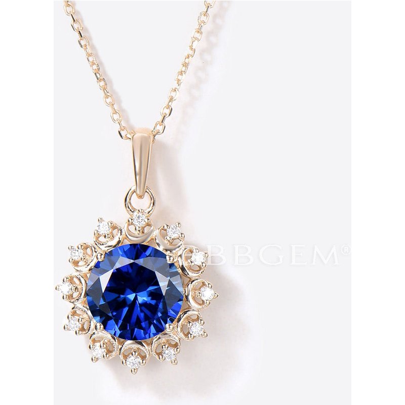 Collier de Mariée BBBGEM avec Saphir Bleu et Diamants — Collier Argent Femme
