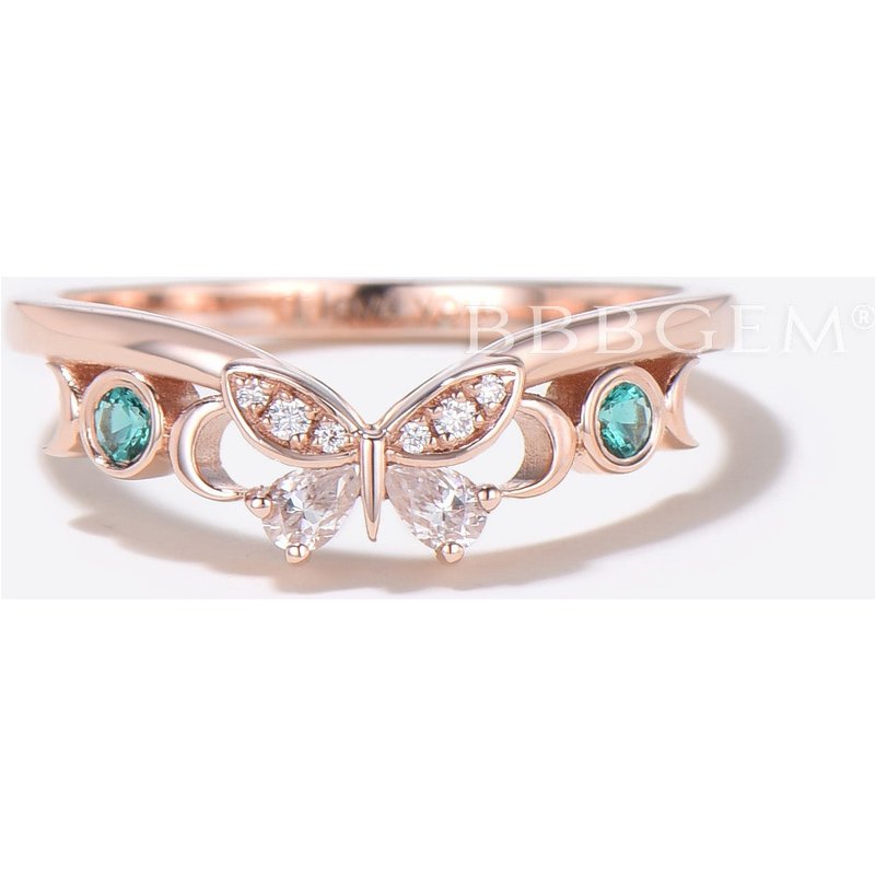 Rose Gold Butterfly Wedding Band Chevron Moissanite Stacking Band — Wedding Jewelry