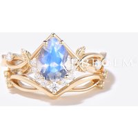 Bague de fiançailles en pierre de lune en forme de goutte d'eau, ensemble de mariage en lierre doré