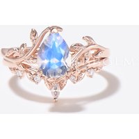 Ensemble de Bague de Fiançailles en Pierre de Lune Naturelle en Forme de Poire