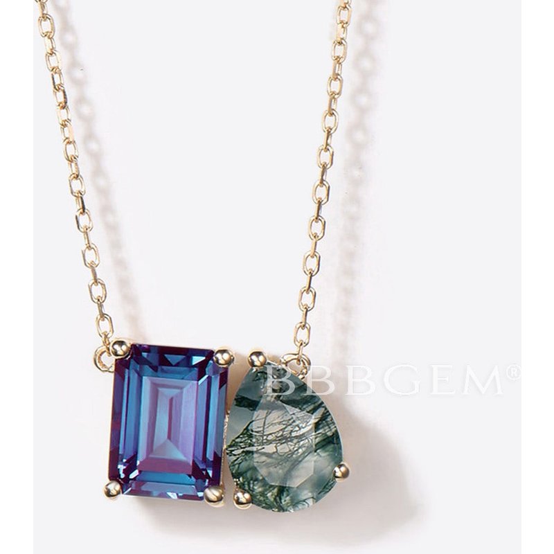 Collier en Alexandrite Taille Émeraude et Agate Mousse