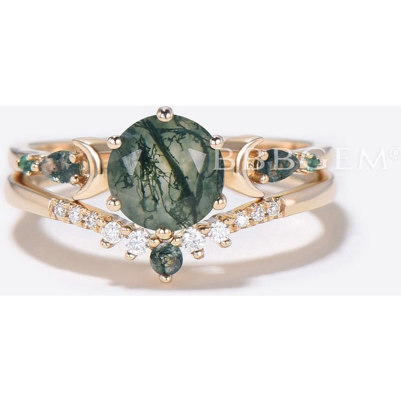 Bague de fiançailles en agate mousse en or 14k — Bagues de fiançailles