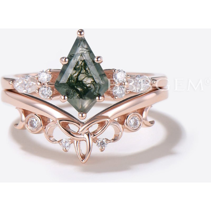 Ensemble de Bagues de Fiançailles en Agate Mousse avec Nœud Celtique et Moissanite — Bagues de fiançailles