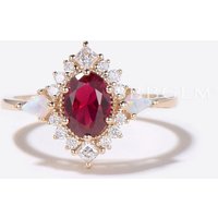 Bague de fiançailles Halo Ovale en Rubis avec Moissanite et Diamant