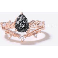Bague de fiançailles en quartz rutile noir en forme de goutte