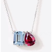 Collier Pendentif Toi Et Moi en Aquamarine et Rubis Naturel — Collier pendentif