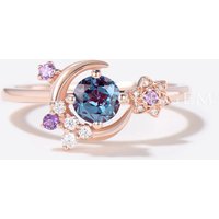 Bague de fiançailles Lune Alexandrite ronde et Améthyste