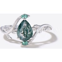 Ensemble de Bagues de Fiançailles Double Serpent avec Agate Mousse et Émeraude