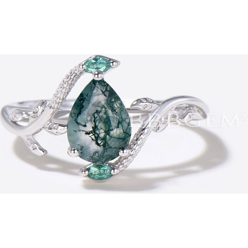 Ensemble de Bagues de Fiançailles Double Serpent avec Agate Mousse et Émeraude — Bagues de fiançailles