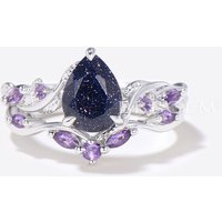 Twig Leaf Pear Blue Sandstone Ring Set Cluster Amethyst Ring