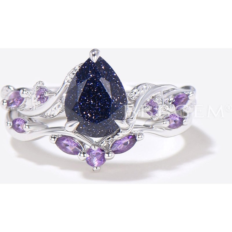 Twig Leaf Pear Blue Sandstone Ring Set Cluster Amethyst Ring — Stackable Rings