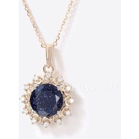 Collier en Pierre Bleue de Sable avec Pendentif Halo en Diamant Lune