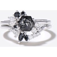 Hexagon Cut Black Rutilated Quartz Ring Cluster Moissanite Ring