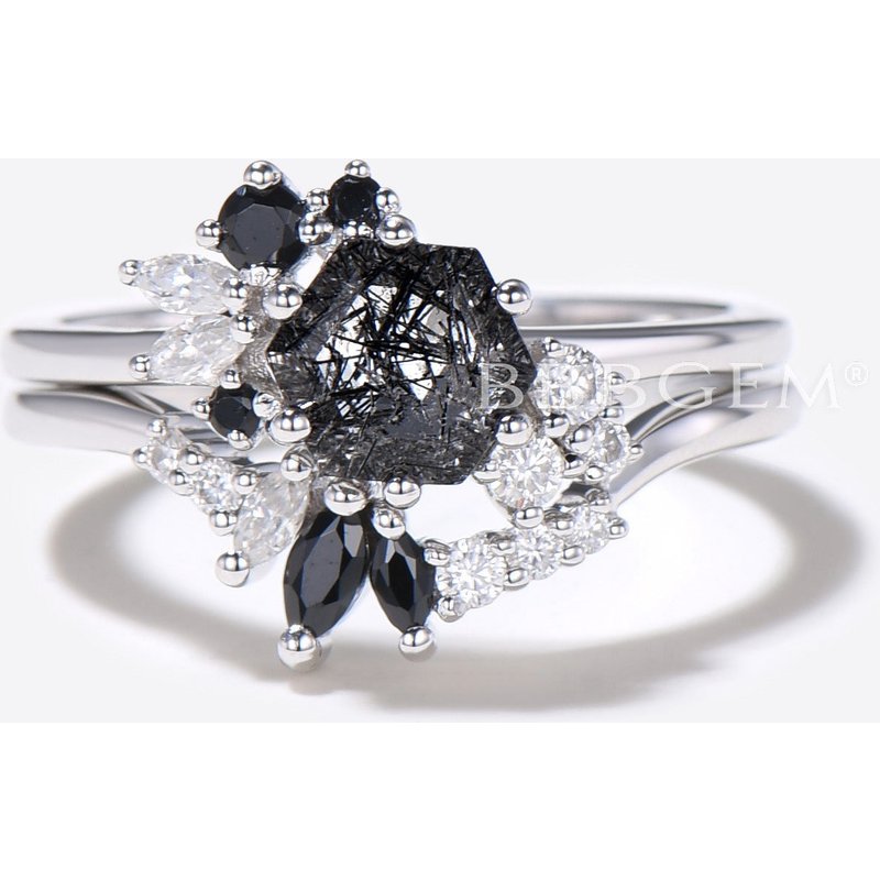 Hexagon Cut Black Rutilated Quartz Ring Cluster Moissanite Ring — Stackable Rings