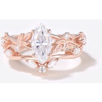Bague de fiançailles en moissanite taille marquise avec bandeau en feuilles