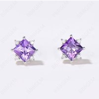 Boucles d'oreilles puces en améthyste naturelle taille princesse avec moissanite — Boucles D'oreilles
