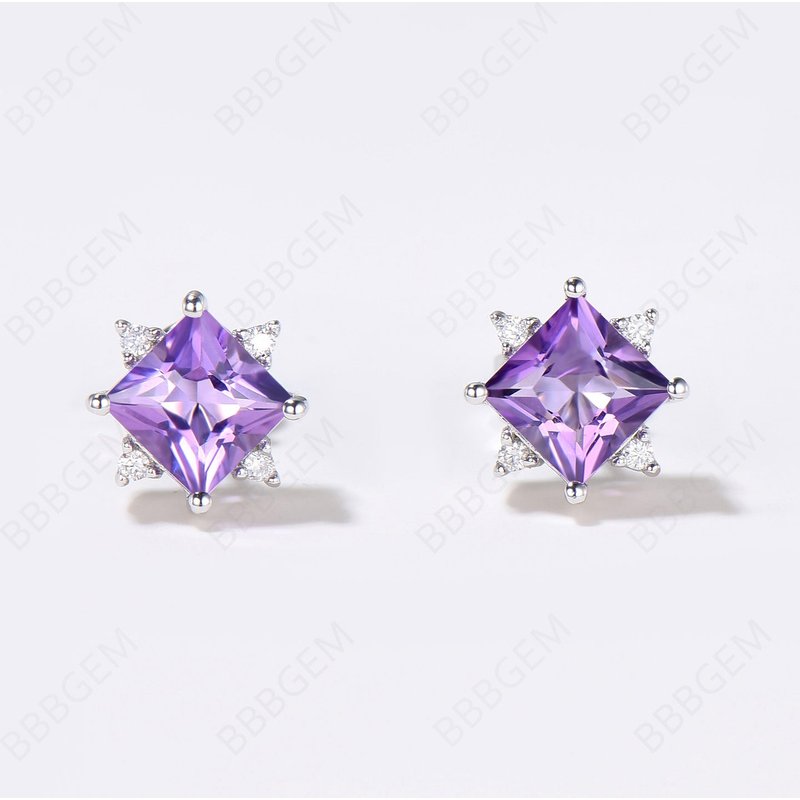 Princess Cut Natural Amethyst Stud Earrings 5 Stone Earrings — Stud Earrings