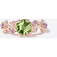 Hexagon Cut Peridot Engagement Ring Twig Leaf Amethyst Ring