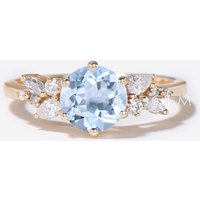 Cluster Round Aquamarine Ring Snowdrift Diamond Engagement Ring