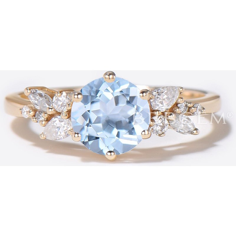 Cluster Round Aquamarine Ring Snowdrift Diamond Engagement Ring — Engagement Rings