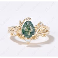 Nature Inspired Twig Leaf Pear Moss Agate Engagement Ring Set — Engagement Rings