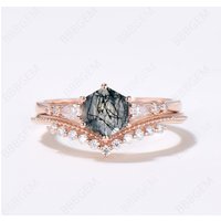 Hexagon Black Rutilated Quartz Ring Milgrain Moissanite Ring — Stackable Rings