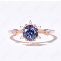 Floral Engagement Ring Rose Gold Round Alexandrite Halo Ring