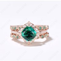 3PCS Flower Emerald Ring Set Halo Diamond Engagement Ring