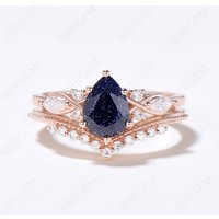Teardrop Blue Sandstone Ring Set Cluster 7 Stone Milgrain Ring — Stackable Rings