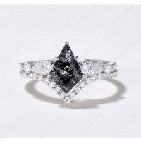 Silver 7x10mm Kite Black Rutilated Quartz Moissanite Bridal Ring Set — Stackable Rings