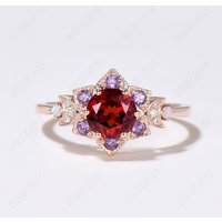 Floral Red Garnet Engagement Ring Moon Halo Amethyst Ring