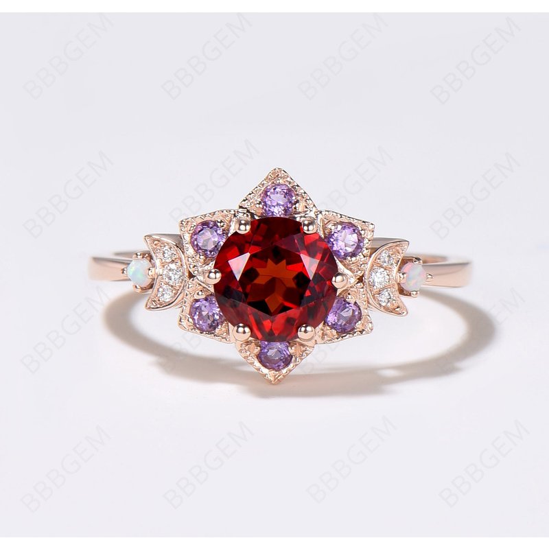 Floral Red Garnet Engagement Ring Moon Halo Amethyst Ring — Engagement Rings