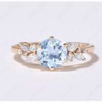 Bague de mariage en or 10K/14K avec cluster d'aigue-marine ronde