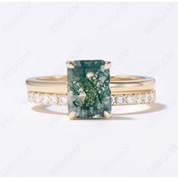 Hidden Halo Emerald Cut Moss Agate Engagement Ring Set