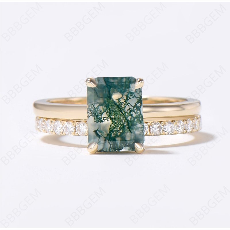 Hidden Halo Emerald Cut Moss Agate Engagement Ring Set — Engagement Rings