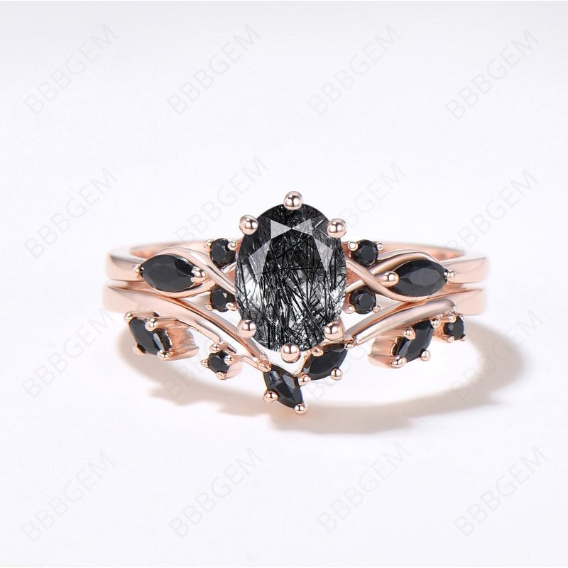 Rose Gold Oval Black Rutilated Quartz Engagement Ring Set — Engagement Rings