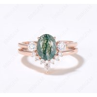 Moss Agate Engagement Ring Gold Cluster Bridal Set