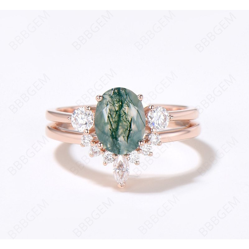 Moss Agate Engagement Ring Gold Cluster Bridal Set — Engagement Rings
