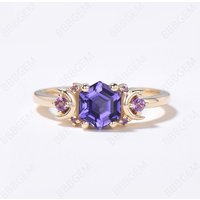 Moon Purple Sapphire Engagement Ring Cluster Hexagon Ring