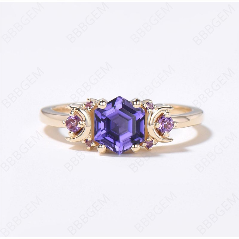 Moon Purple Sapphire Engagement Ring Cluster Hexagon Ring — Engagement Rings