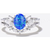 Oval Blue Opal Engagement Ring Set 7 Stone Diamond Bridal Ring Set