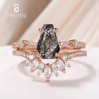 BBBGEM Ensemble de Bagues de Mariage en Coupe Coffin Noir avec Quartz Rutilé — Bijoux de mariage