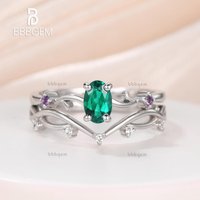 Vintage Emerald Amethyst Twig Engagement Ring Set White Gold Branch Ring