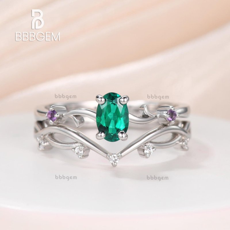 Vintage Emerald Amethyst Twig Engagement Ring Set White Gold Branch Ring — Engagement Rings