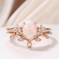 Vintage Natural Fire Opal Engagemenet Ring Set Oval Australian Opal Jewelry
